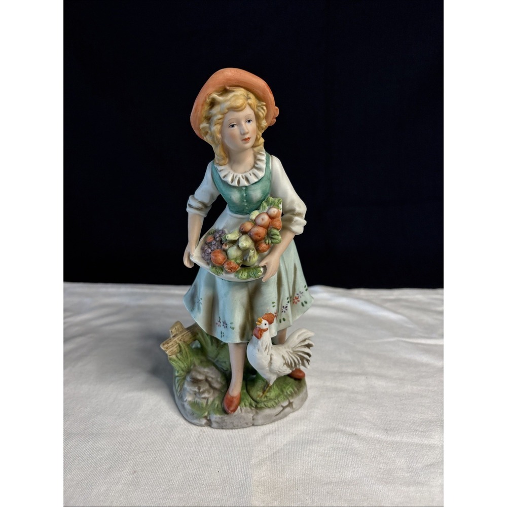 Homco 8in Farm Woman Porcelain Figurine Harvest Chicken Victorian 8881